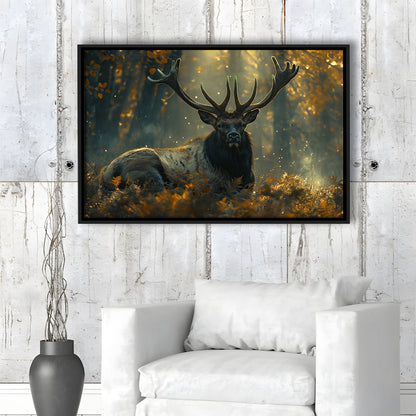 Elk With Antlers Lying In Forest, Hunting Art Decor, Painting Art, Floating Framed Canvas Print Wall Art