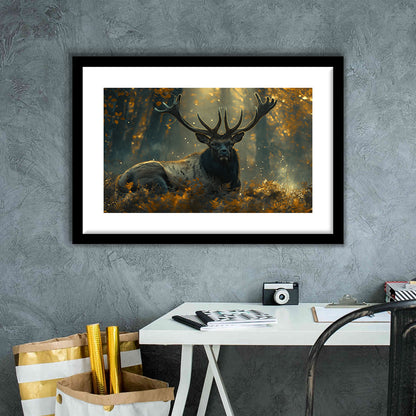 Elk With Antlers Lying In Forest, Hunting Art Decor, Painting Art, Framed Art Print White Border Wall Decor