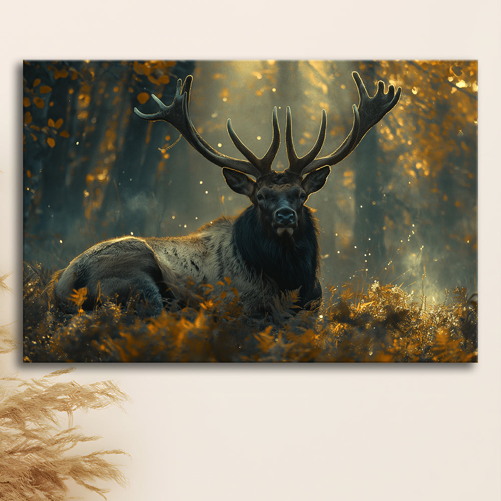 Elk With Antlers Lying In Forest, Hunting Art Decor, Painting Art, Canvas Print Wall Art Home Decor