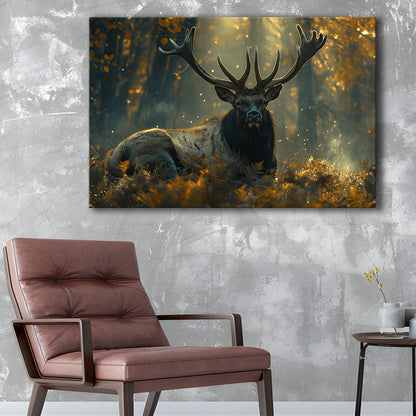 Elk With Antlers Lying In Forest, Hunting Art Decor, Painting Art, Canvas Print Wall Art Home Decor