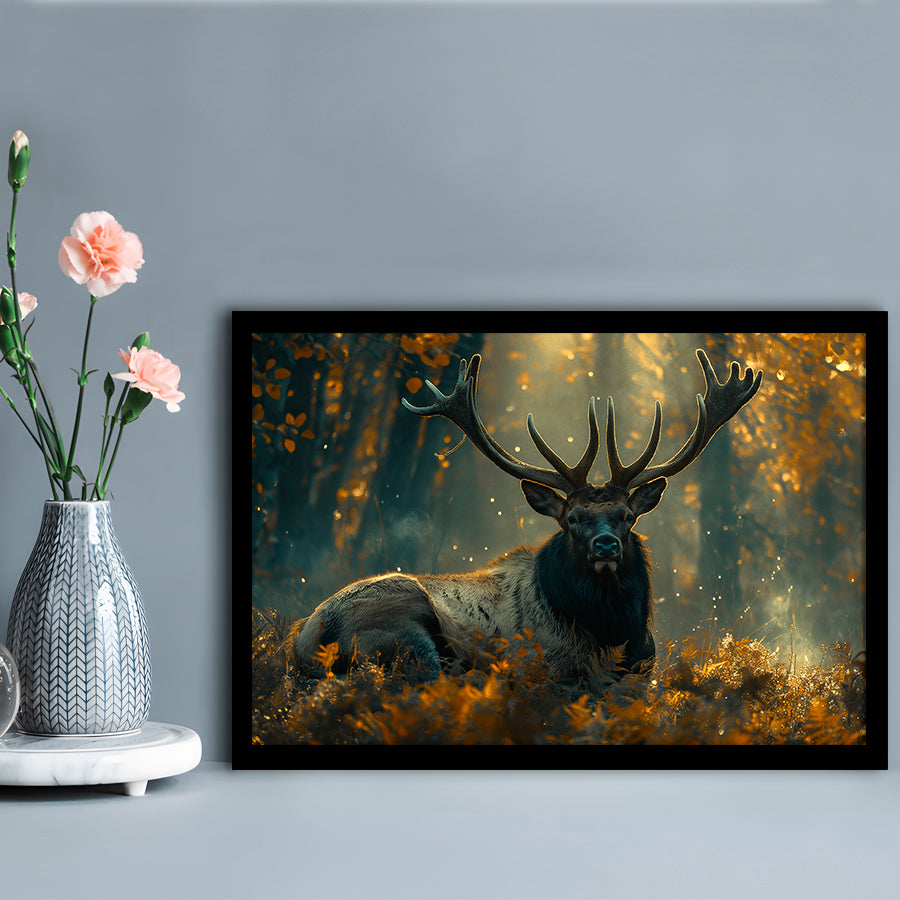 Elk With Antlers Lying In Forest, Hunting Art Decor, Painting Art, Framed Art Print Wall Decor, Framed Picture