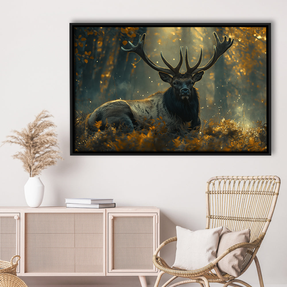 Elk With Antlers Lying In Forest, Hunting Art Decor, Painting Art, Floating Framed Canvas Print Wall Art