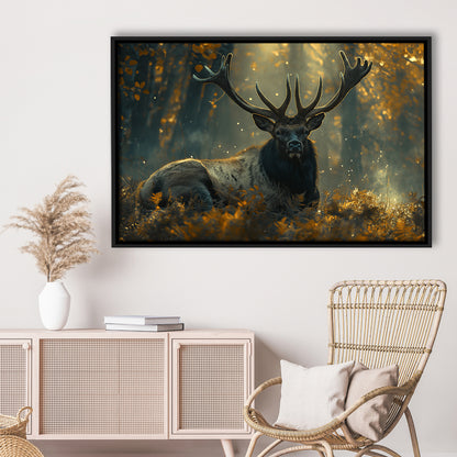 Elk With Antlers Lying In Forest, Hunting Art Decor, Painting Art, Floating Framed Canvas Print Wall Art