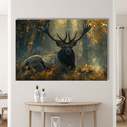 Elk With Antlers Lying In Forest, Hunting Art Decor, Painting Art, Canvas Print Wall Art Home Decor