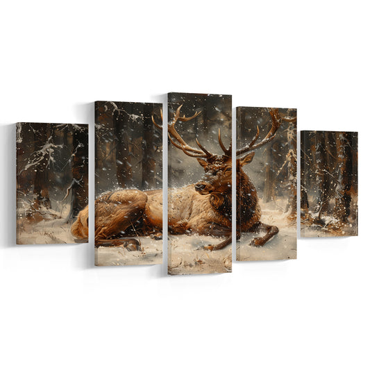 Elk With Antlers Vintage Painting, Hunting Art Decor, Painting Art, Mixed Panels Canvas Print Wall Art