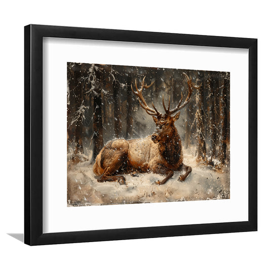 Elk With Antlers Vintage Painting, Hunting Art Decor, Painting Art, Framed Art Print White Border Wall Decor
