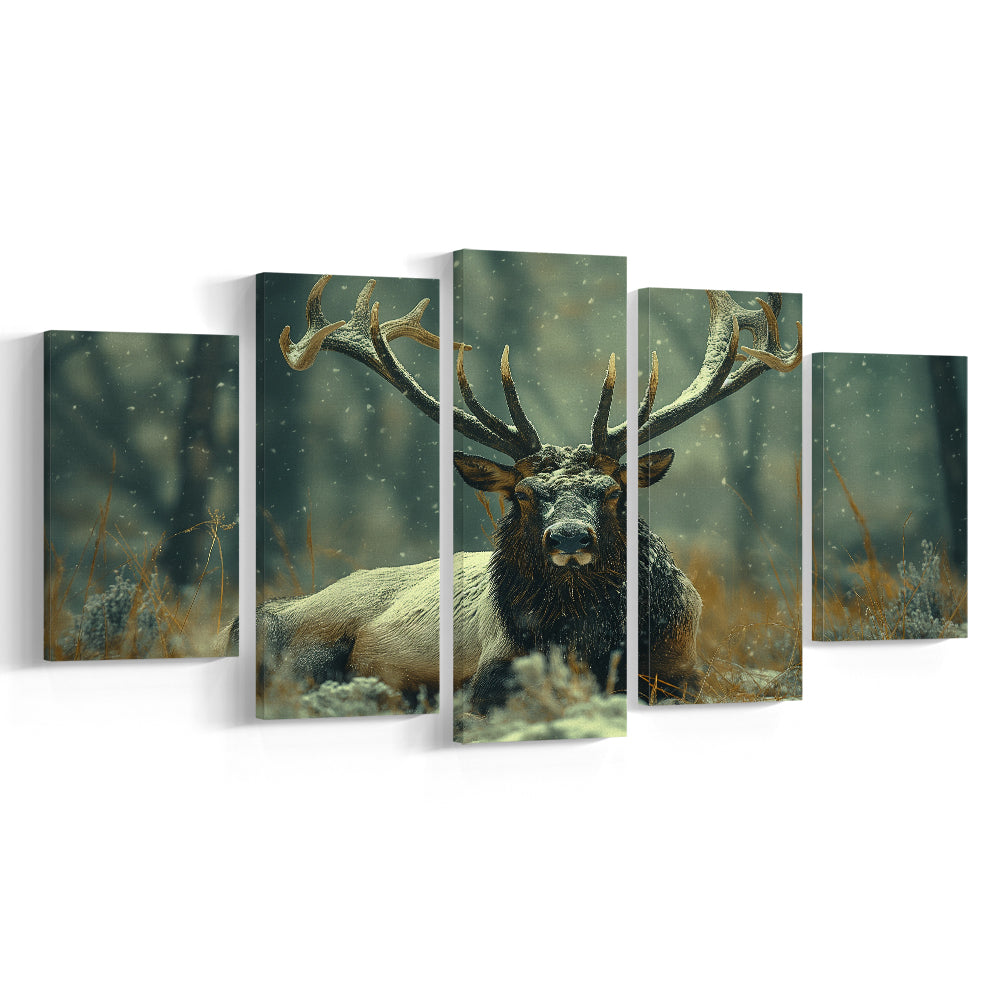 Elk With Antlers White Snow, Hunting Art Decor, Painting Art, Mixed Panels Canvas Print Wall Art