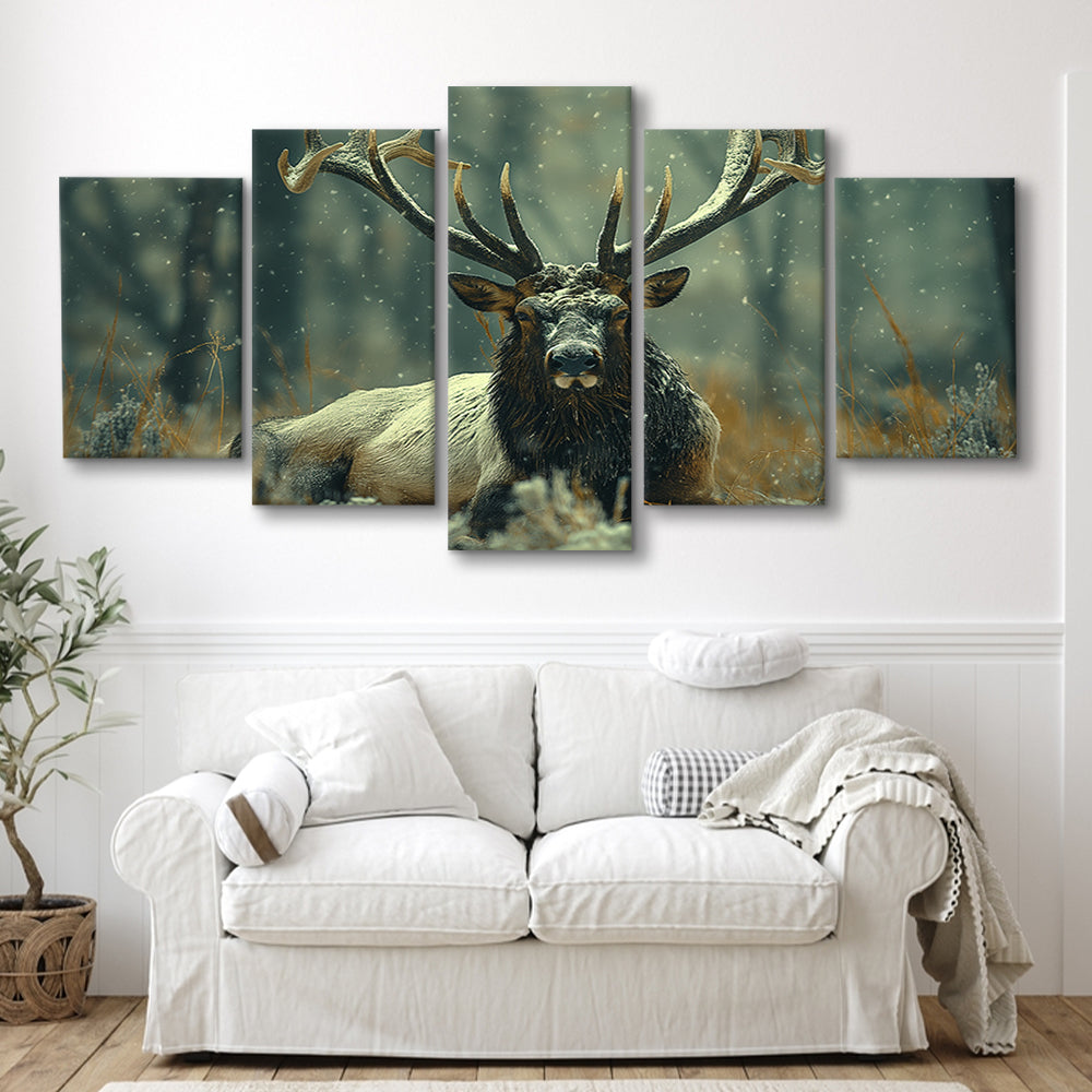 Elk With Antlers White Snow, Hunting Art Decor, Painting Art, Mixed Panels Canvas Print Wall Art