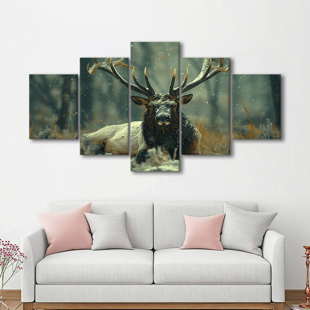 Elk With Antlers White Snow, Hunting Art Decor, Painting Art, Mixed Panels Canvas Print Wall Art