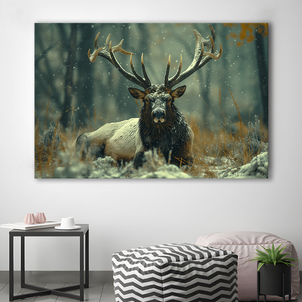 Elk With Antlers White Snow, Hunting Art Decor, Painting Art, Canvas Print Wall Art Home Decor
