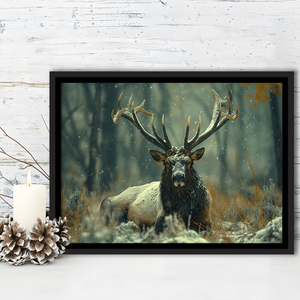 Elk With Antlers White Snow, Hunting Art Decor, Painting Art, Floating Framed Canvas Print Wall Art