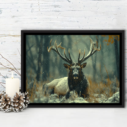 Elk With Antlers White Snow, Hunting Art Decor, Painting Art, Floating Framed Canvas Print Wall Art
