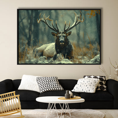 Elk With Antlers White Snow, Hunting Art Decor, Painting Art, Floating Framed Canvas Print Wall Art