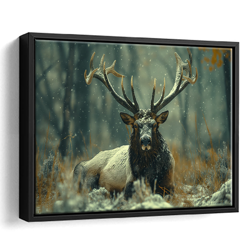 Elk With Antlers White Snow, Hunting Art Decor, Painting Art, Floating Framed Canvas Print Wall Art