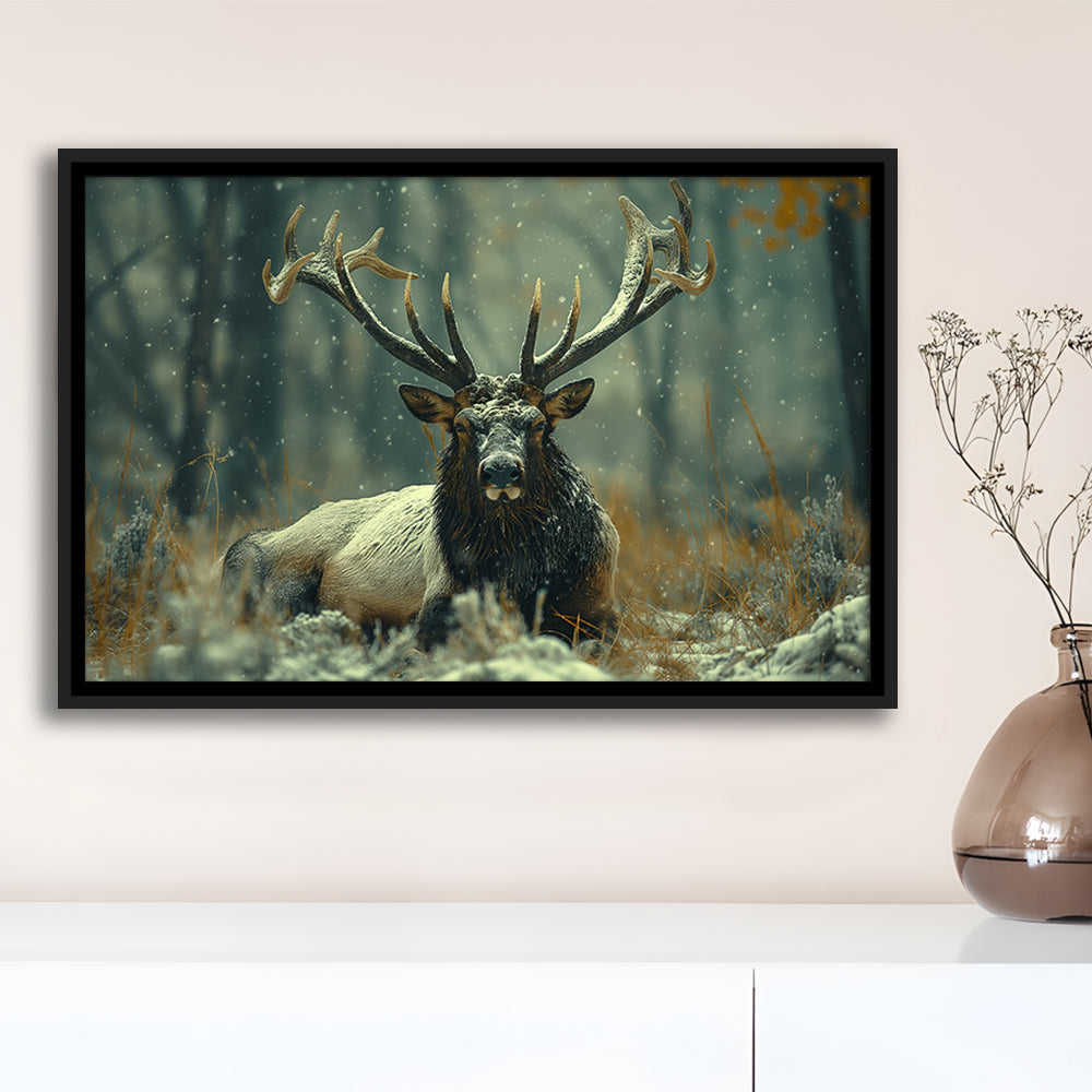 Elk With Antlers White Snow, Hunting Art Decor, Painting Art, Floating Framed Canvas Print Wall Art
