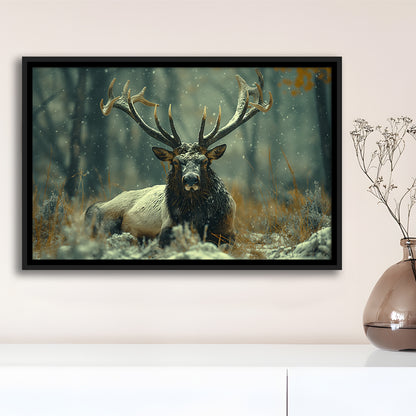 Elk With Antlers White Snow, Hunting Art Decor, Painting Art, Floating Framed Canvas Print Wall Art