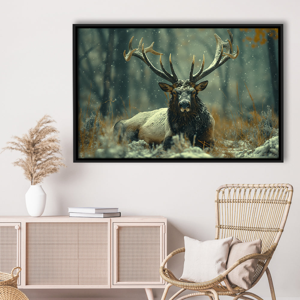 Elk With Antlers White Snow, Hunting Art Decor, Painting Art, Floating Framed Canvas Print Wall Art