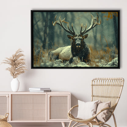 Elk With Antlers White Snow, Hunting Art Decor, Painting Art, Floating Framed Canvas Print Wall Art
