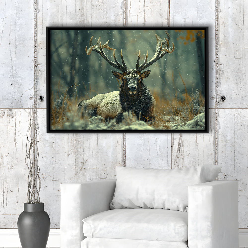 Elk With Antlers White Snow, Hunting Art Decor, Painting Art, Floating Framed Canvas Print Wall Art
