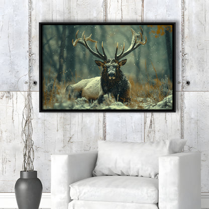 Elk With Antlers White Snow, Hunting Art Decor, Painting Art, Floating Framed Canvas Print Wall Art
