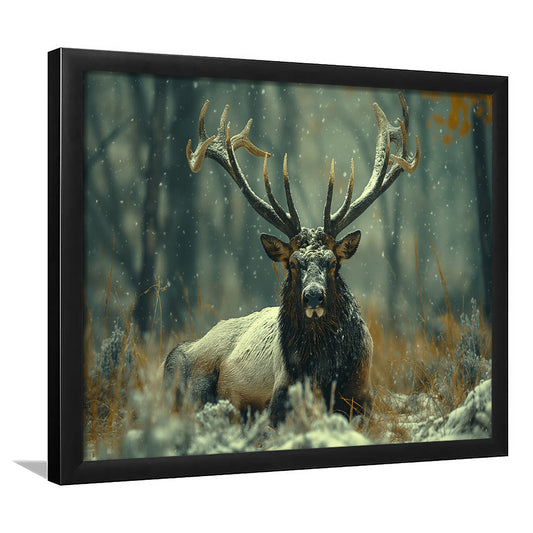 Elk With Antlers White Snow, Hunting Art Decor, Painting Art, Framed Art Print Wall Decor, Framed Picture