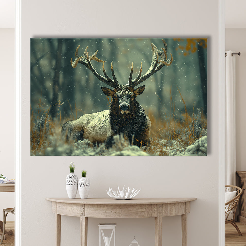 Elk With Antlers White Snow, Hunting Art Decor, Painting Art, Canvas Print Wall Art Home Decor