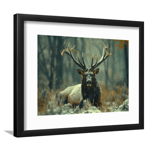 Elk With Antlers White Snow, Hunting Art Decor, Painting Art, Framed Art Print White Border Wall Decor