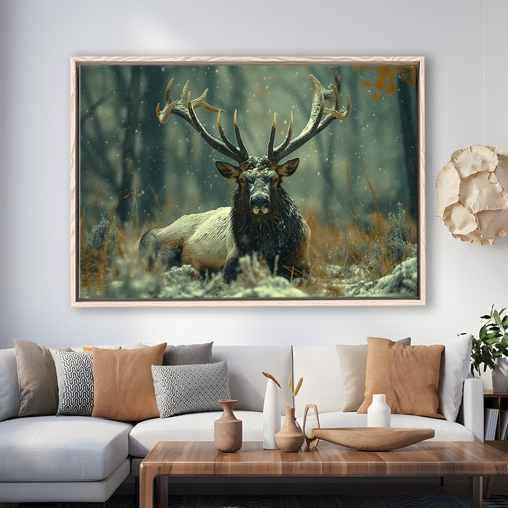 Elk With Antlers White Snow, Hunting Art Decor, Painting Art, Floating Framed Canvas Print Wall Art