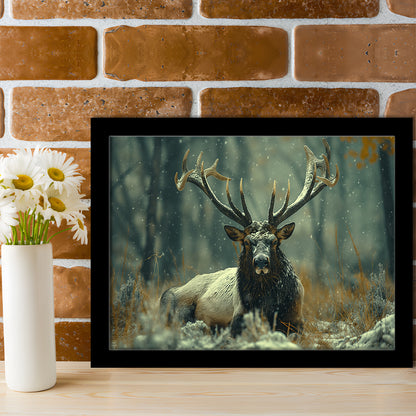 Elk With Antlers White Snow, Hunting Art Decor, Painting Art, Framed Art Print Wall Decor, Framed Picture