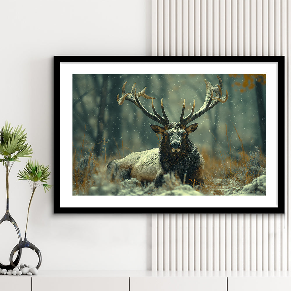 Elk With Antlers White Snow, Hunting Art Decor, Painting Art, Framed Art Print White Border Wall Decor