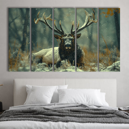 Elk With Antlers White Snow, Hunting Art, Painting Art, Multi Panels Canvas Print Wall Art