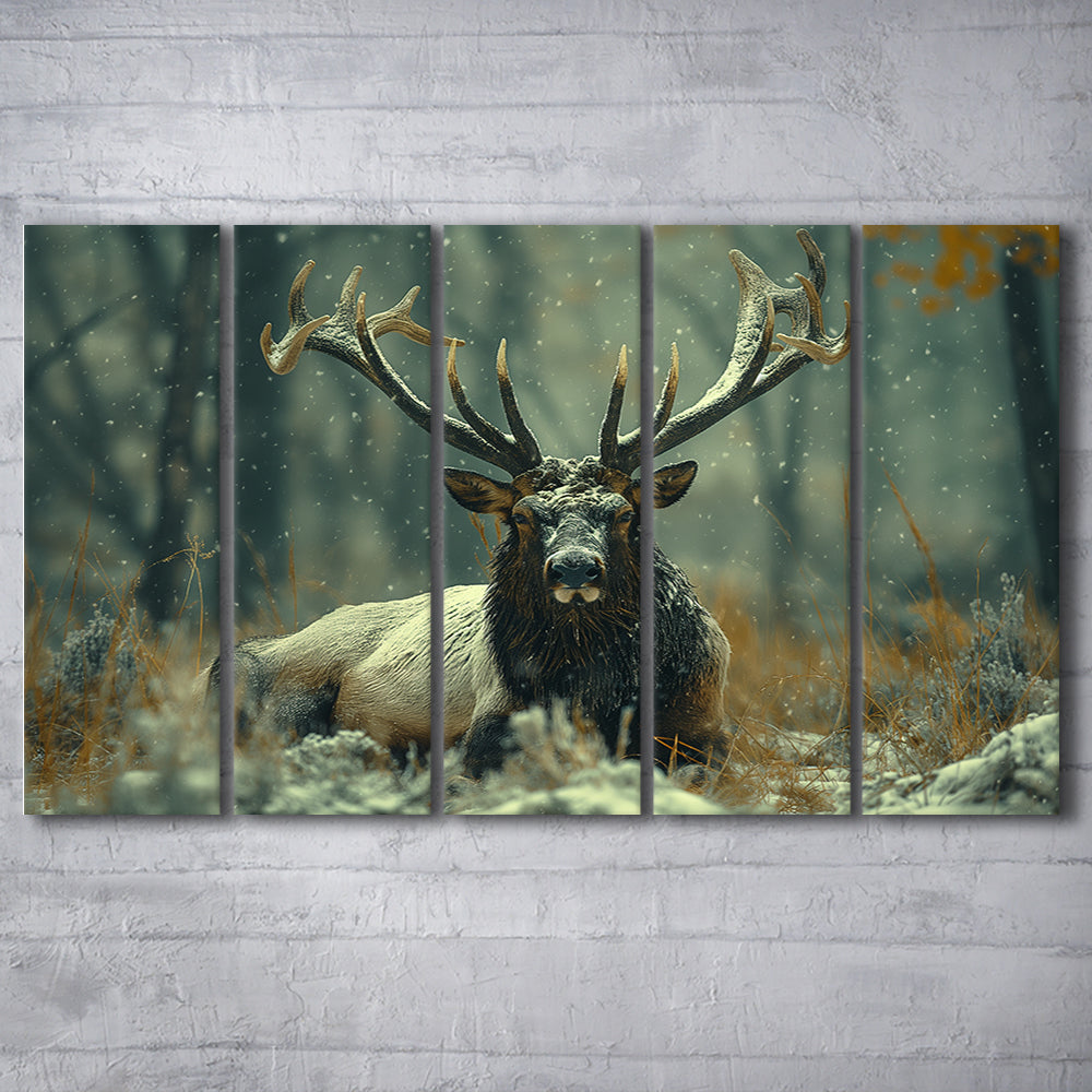 Elk With Antlers White Snow, Hunting Art, Painting Art, Multi Panels Canvas Print Wall Art