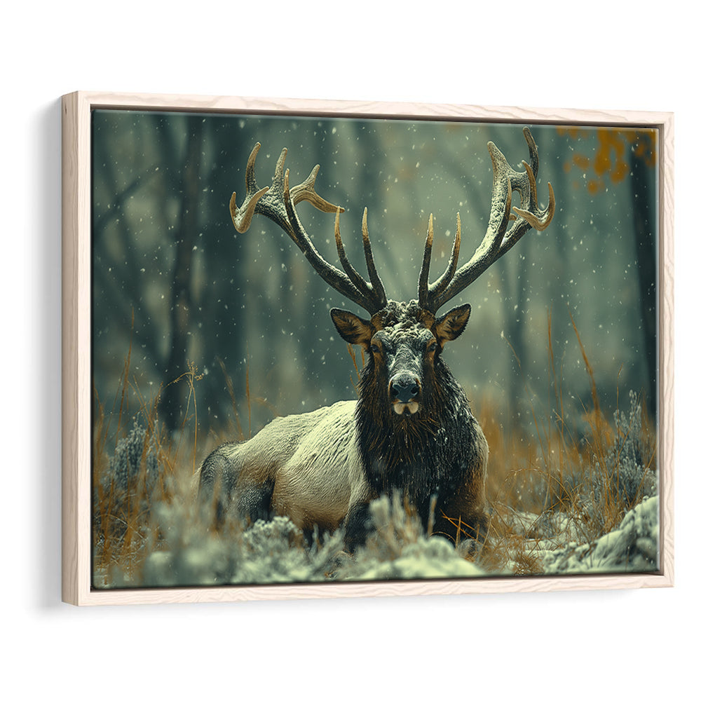Elk With Antlers White Snow, Hunting Art Decor, Painting Art, Floating Framed Canvas Print Wall Art