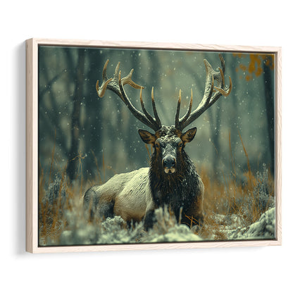 Elk With Antlers White Snow, Hunting Art Decor, Painting Art, Floating Framed Canvas Print Wall Art