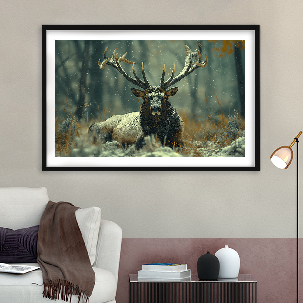 Elk With Antlers White Snow, Hunting Art Decor, Painting Art, Framed Art Print White Border Wall Decor