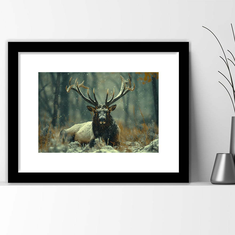 Elk With Antlers White Snow, Hunting Art Decor, Painting Art, Framed Art Print White Border Wall Decor