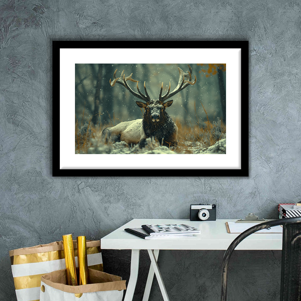 Elk With Antlers White Snow, Hunting Art Decor, Painting Art, Framed Art Print White Border Wall Decor