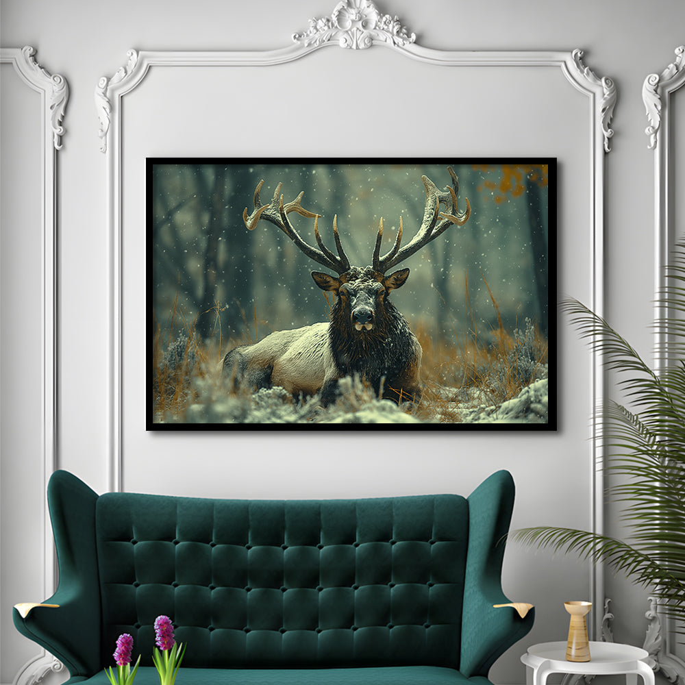Elk With Antlers White Snow, Hunting Art Decor, Painting Art, Framed Art Print Wall Decor, Framed Picture