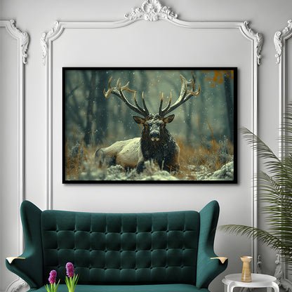 Elk With Antlers White Snow, Hunting Art Decor, Painting Art, Framed Art Print Wall Decor, Framed Picture