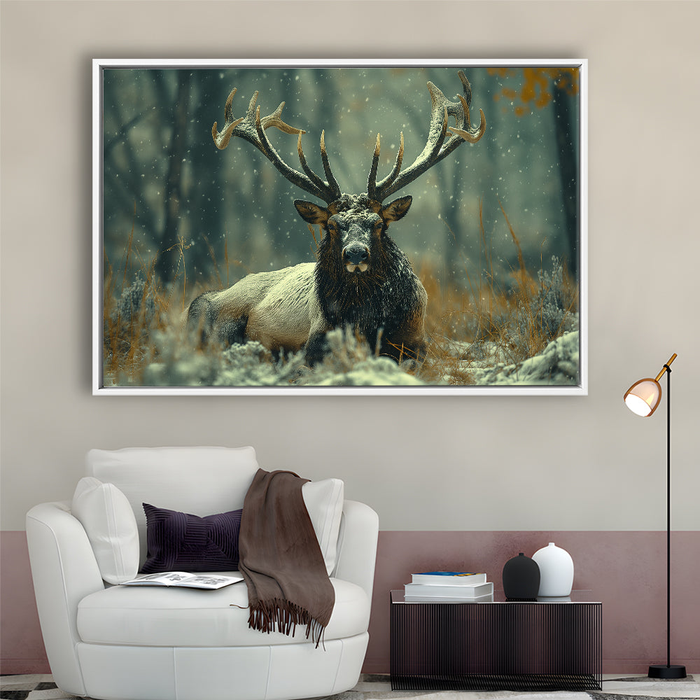 Elk With Antlers White Snow, Hunting Art Decor, Painting Art, Floating Framed Canvas Print Wall Art
