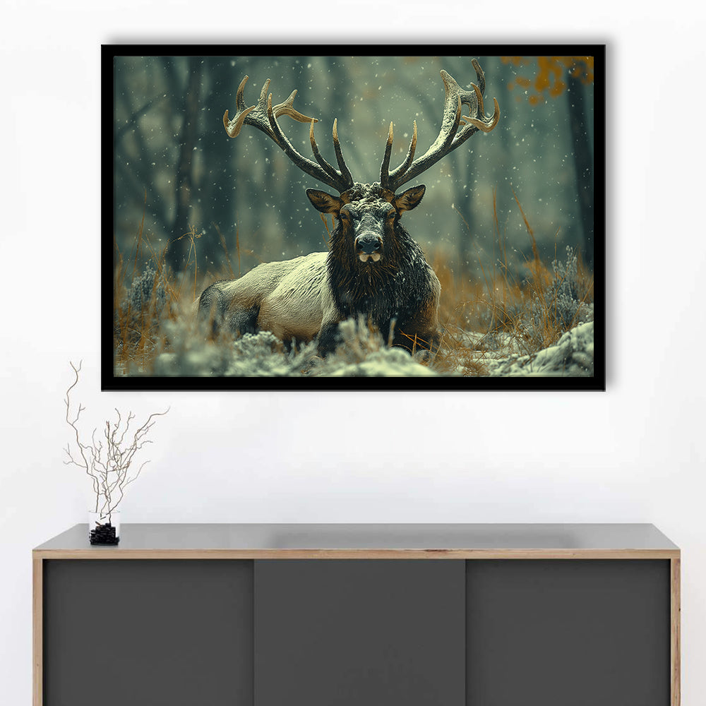 Elk With Antlers White Snow, Hunting Art Decor, Painting Art, Framed Art Print Wall Decor, Framed Picture