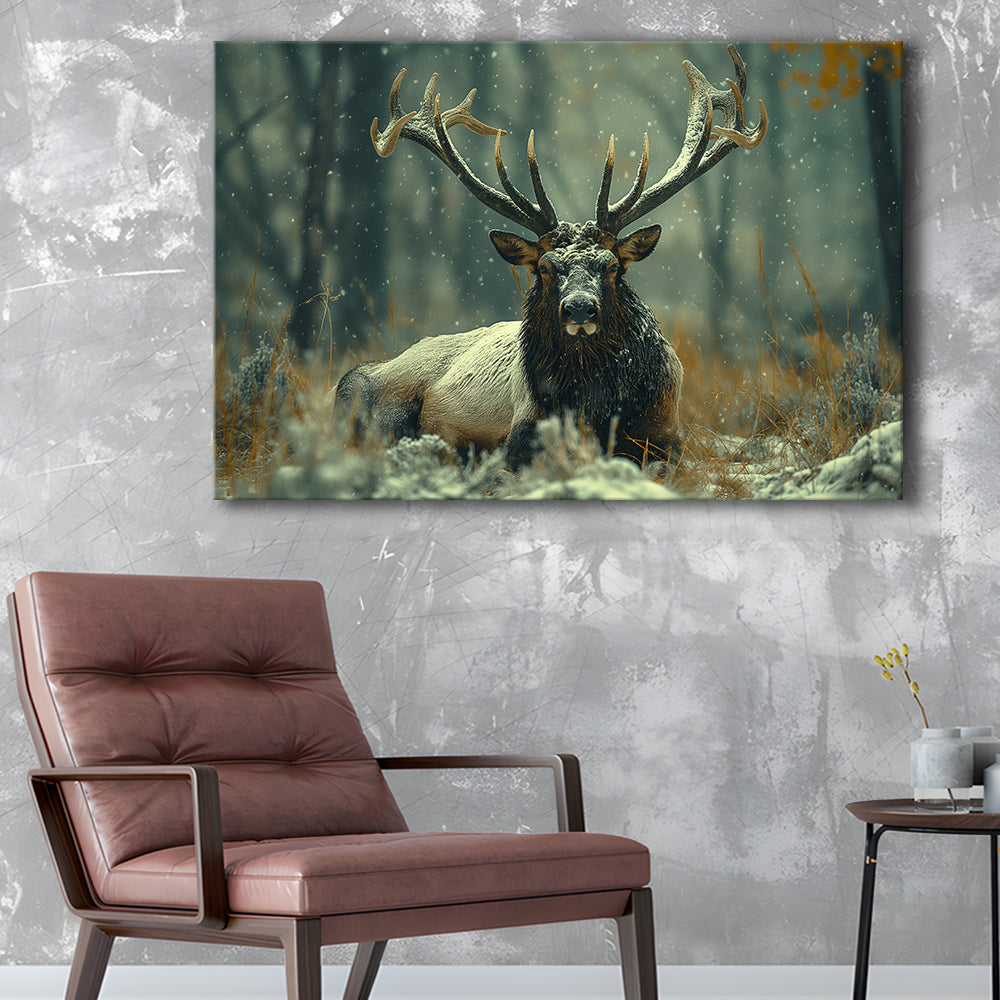 Elk With Antlers White Snow, Hunting Art Decor, Painting Art, Canvas Print Wall Art Home Decor