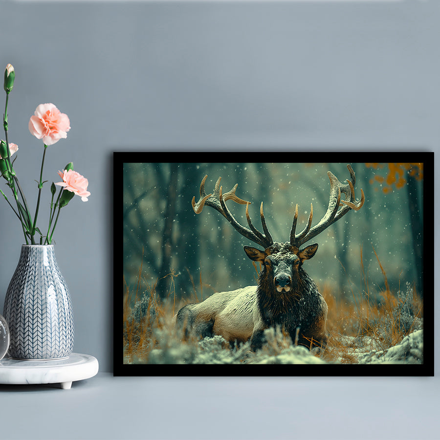 Elk With Antlers White Snow, Hunting Art Decor, Painting Art, Framed Art Print Wall Decor, Framed Picture