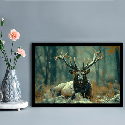 Elk With Antlers White Snow, Hunting Art Decor, Painting Art, Framed Art Print Wall Decor, Framed Picture