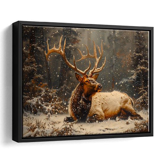 Elk With Antlers With Snow Vintage Style, Hunting Art Decor, Painting Art, Floating Framed Canvas Print Wall Art