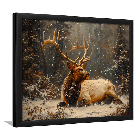 Elk With Antlers With Snow Vintage Style, Hunting Art Decor, Painting Art, Framed Art Print Wall Decor, Framed Picture