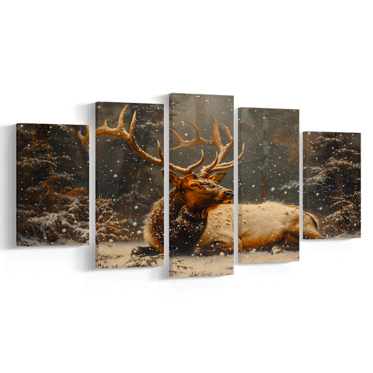 Elk With Antlers With Snow Vintage Style, Hunting Art Decor, Painting Art, Mixed Panels Canvas Print Wall Art
