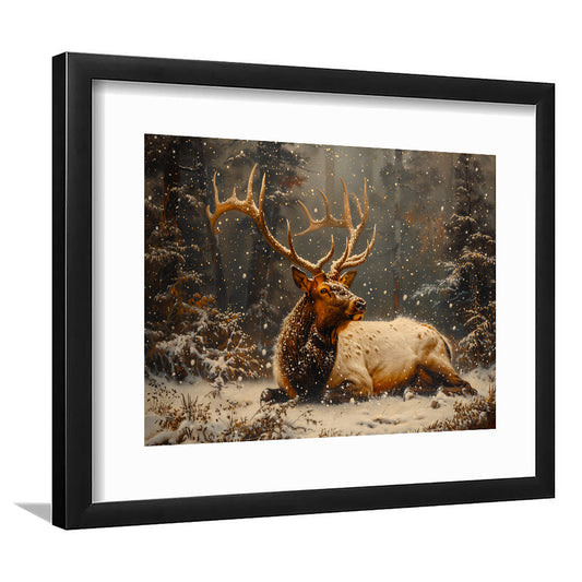Elk With Antlers With Snow Vintage Style, Hunting Art Decor, Painting Art, Framed Art Print White Border Wall Decor