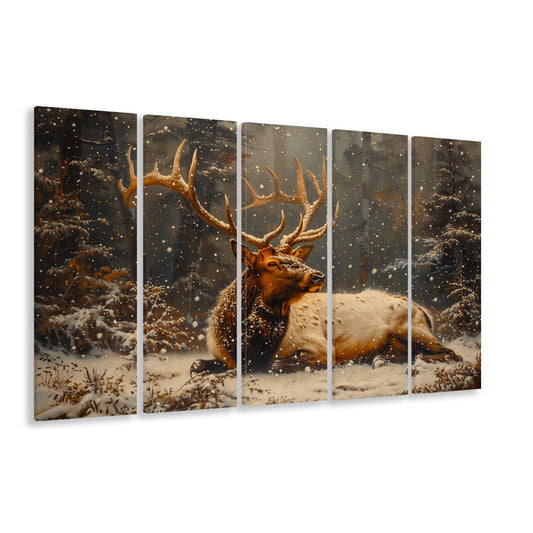 Elk With Antlers With Snow Vintage Style, Hunting Art, Painting Art, Multi Panels Canvas Print Wall Art