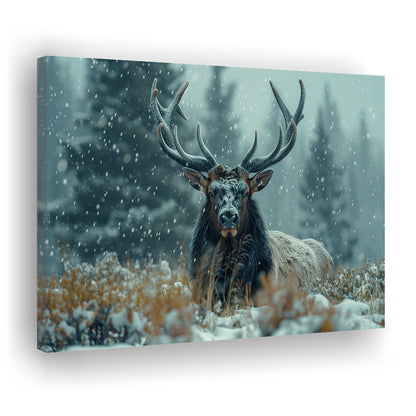 Elk With Antlers in Winter ForestHunting Art Decor, Painting Art, Canvas Print Wall Art Home Decor